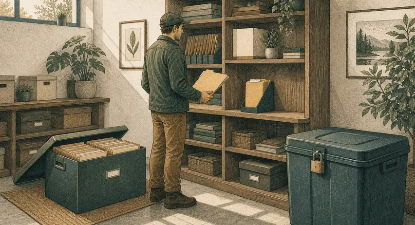 A field-guide illustration of a caretaker choosing between an active shelf, an archive box, and a closed disposal bin