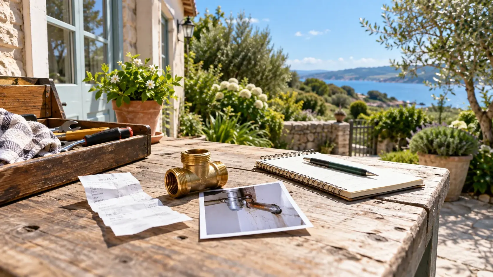 Plumbing fitting, receipt, repair photo and notebook on a sunlit outdoor maintenance bench