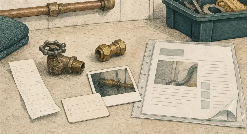 A repaired pipe fitting beside a receipt, repair photo, document sleeve, and activity card