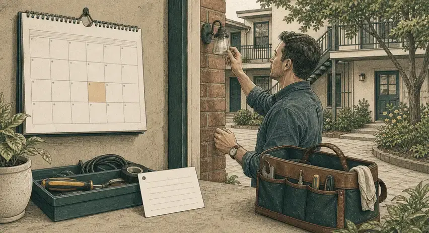 A field-guide illustration contrasting a blank calendar appointment with the actual inspection of a rental property light fixture