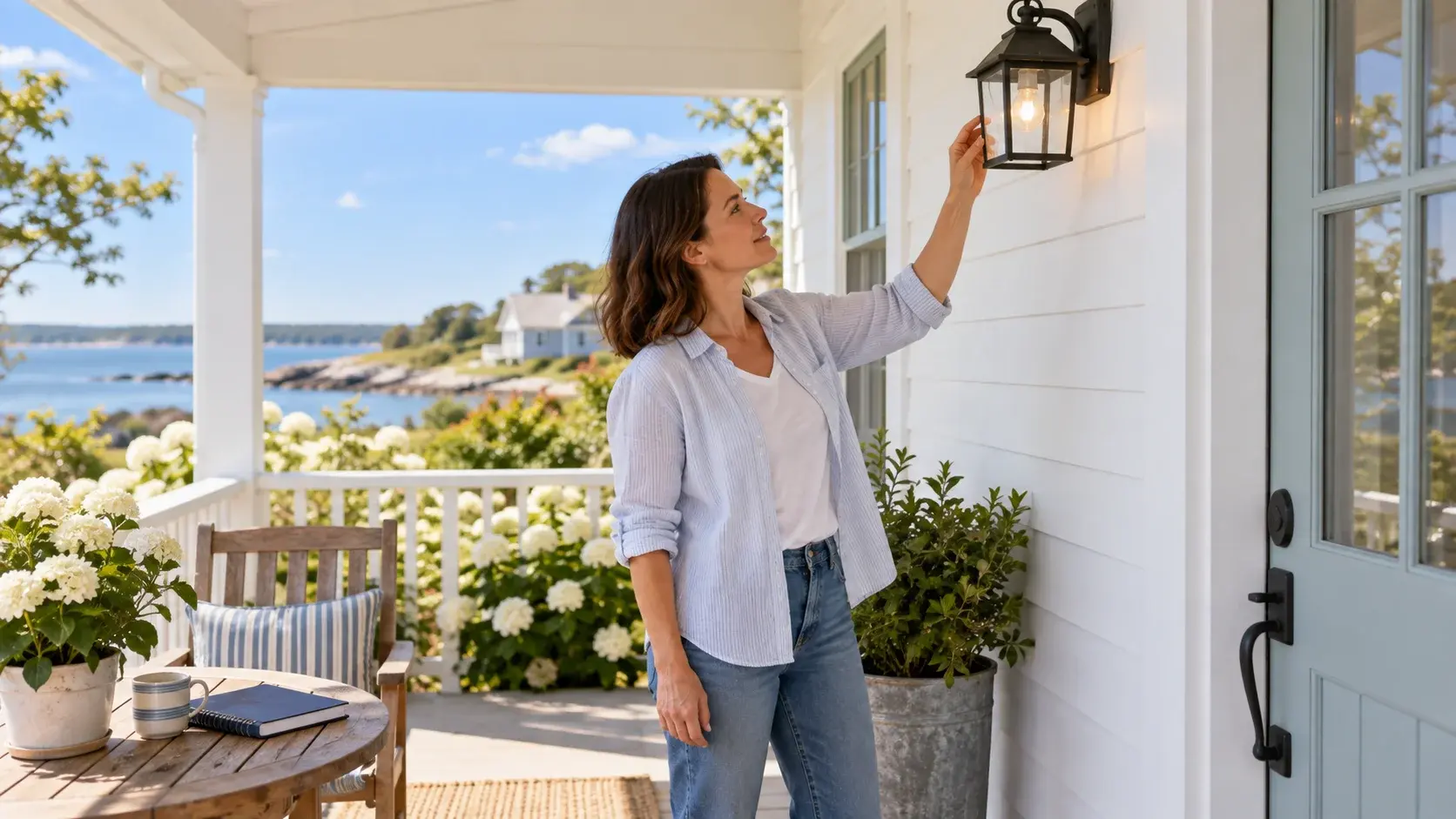 Rental owner inspecting a porch lantern beside a white cottage under a clear blue sky