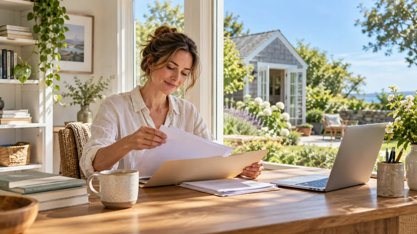 Rental owner sorting paper records into a folder at a sunny desk overlooking a garden
