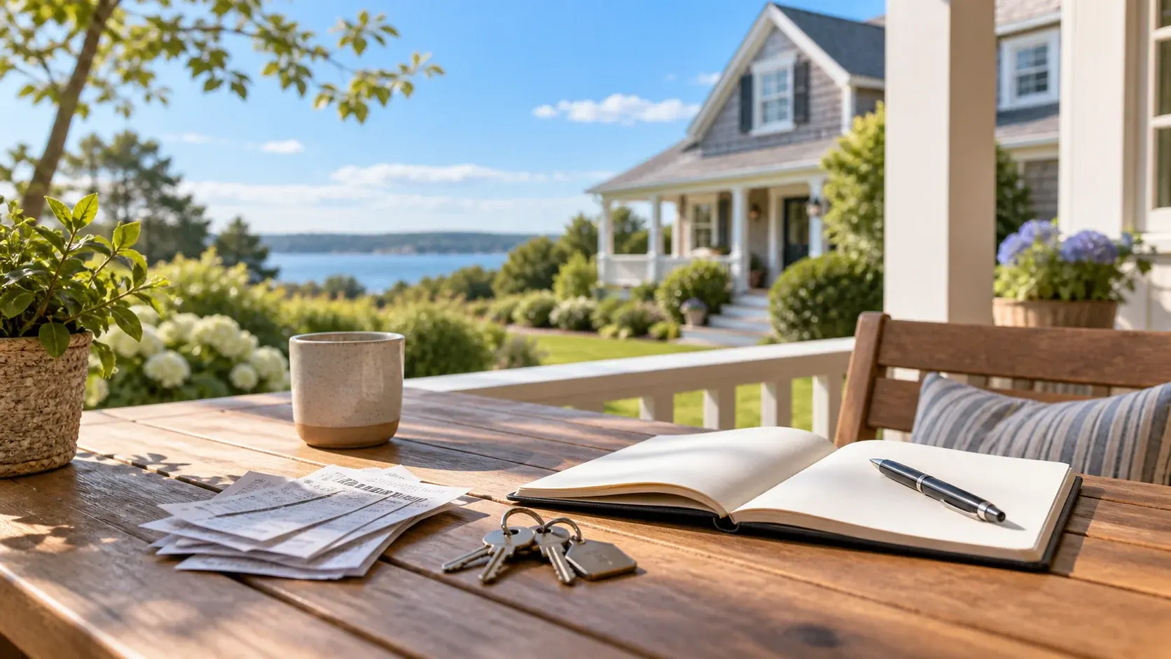 Receipts, keys, and an open notebook on a sunlit porch table with a rental house beyond
