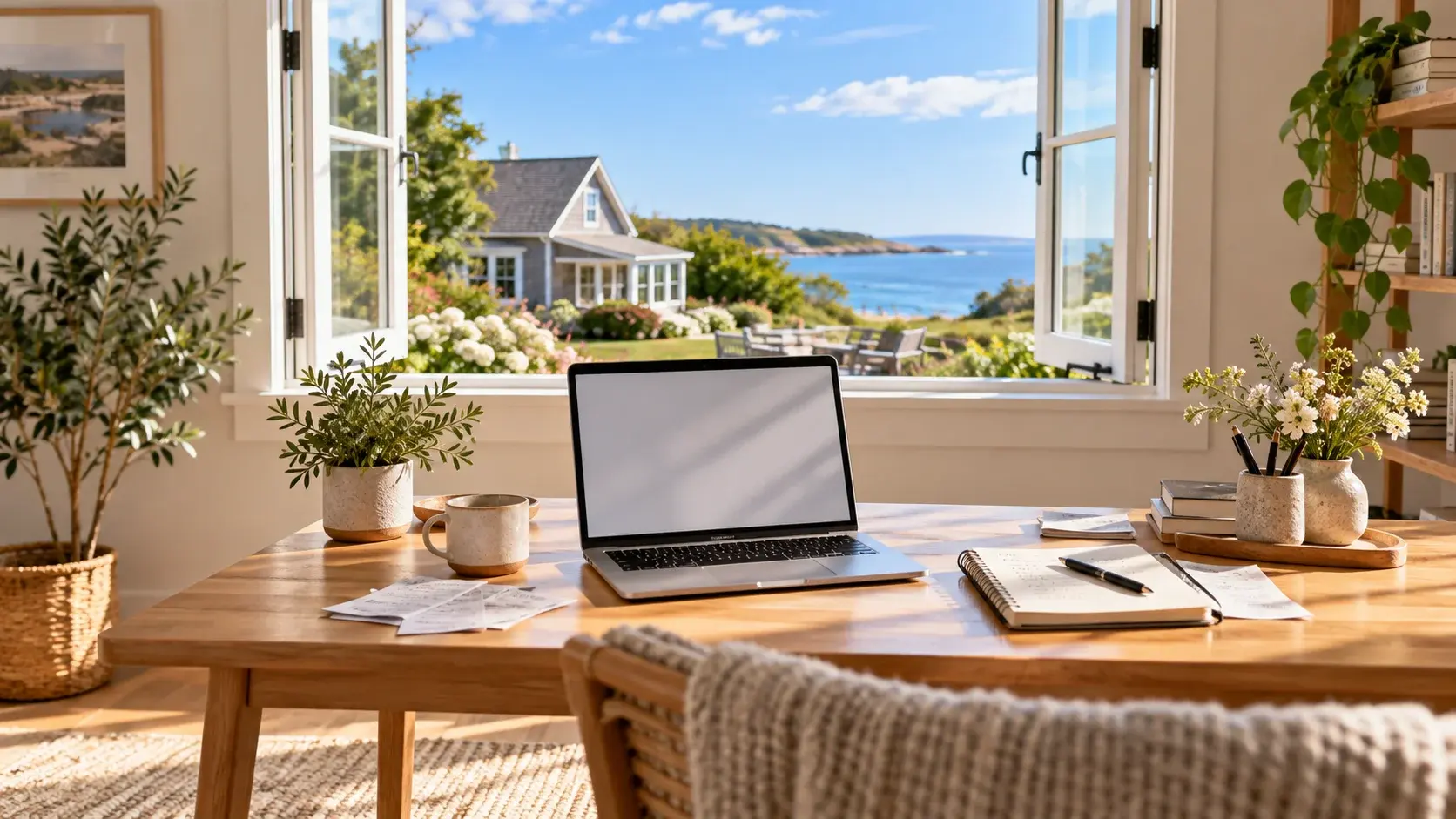 Laptop, notebook, and receipts on a sunlit desk overlooking a cottage garden and clear blue sky