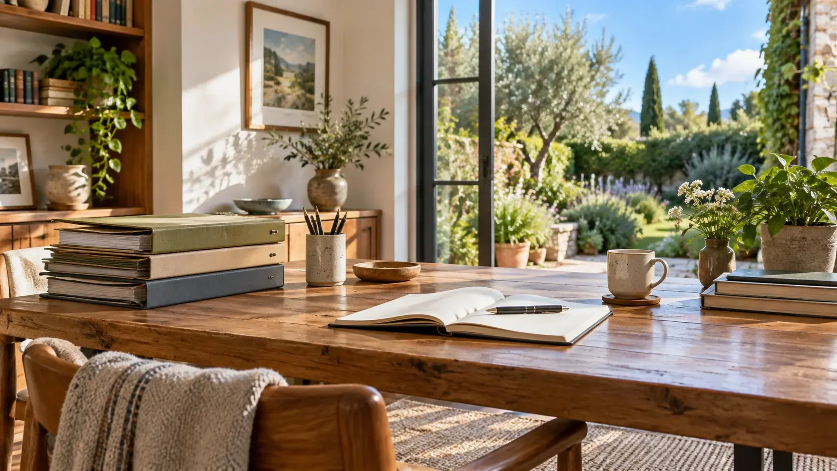 Organized archival folders and a notebook on a sunlit oak desk overlooking a mature garden