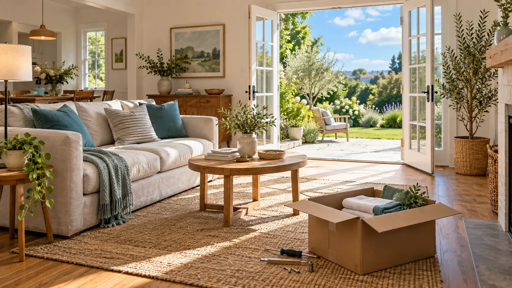 Sunlit cottage living room with assembly tools and towels beside open doors overlooking a garden and blue sky