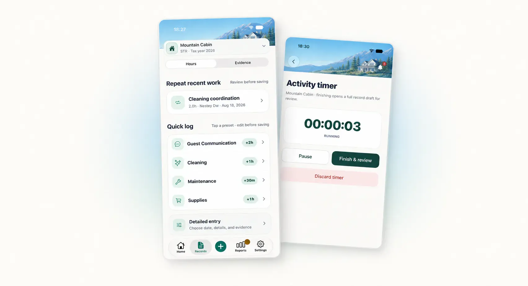 HostHours capture options showing quick log, detailed entry, repeat recent work, and the activity timer