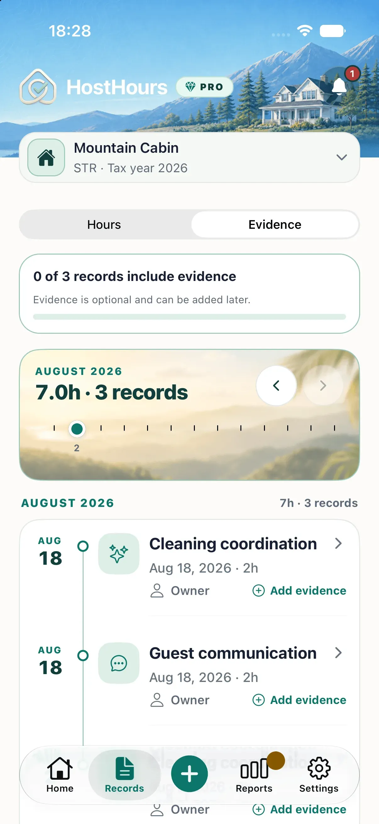 HostHours Evidence view showing records with supporting context and records where evidence can be added