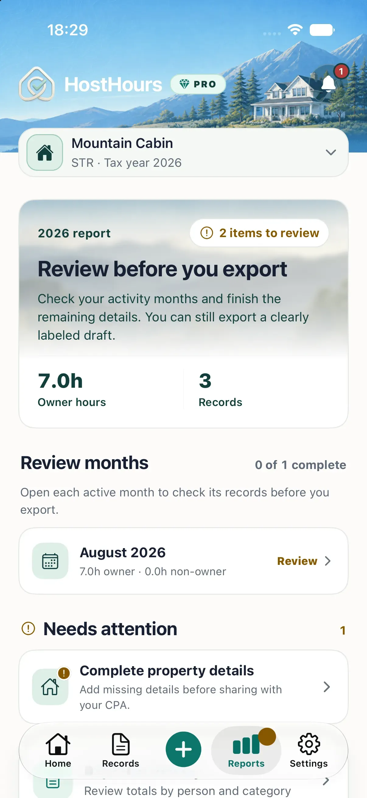 HostHours month review showing owner hours, other people’s hours, evidence coverage, and records to review