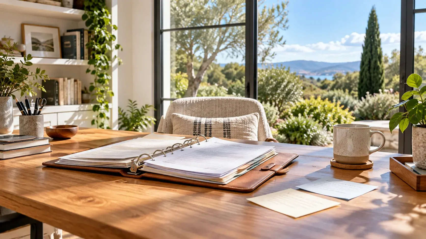 Open binder of property records and loose notes on an oak desk beside a sunny garden window
