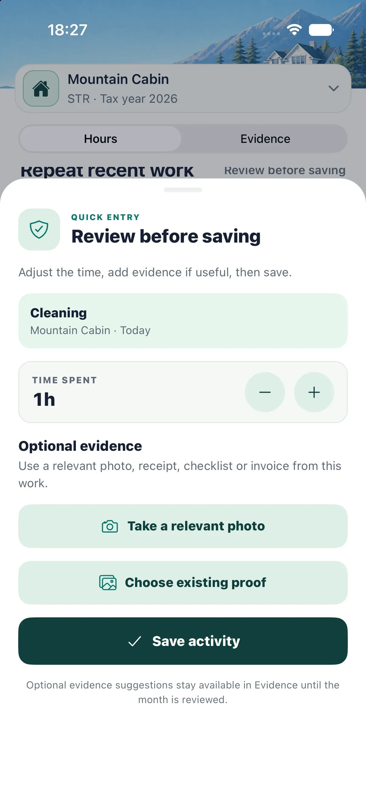 HostHours review screen showing the activity, property, duration, and optional supporting context before saving