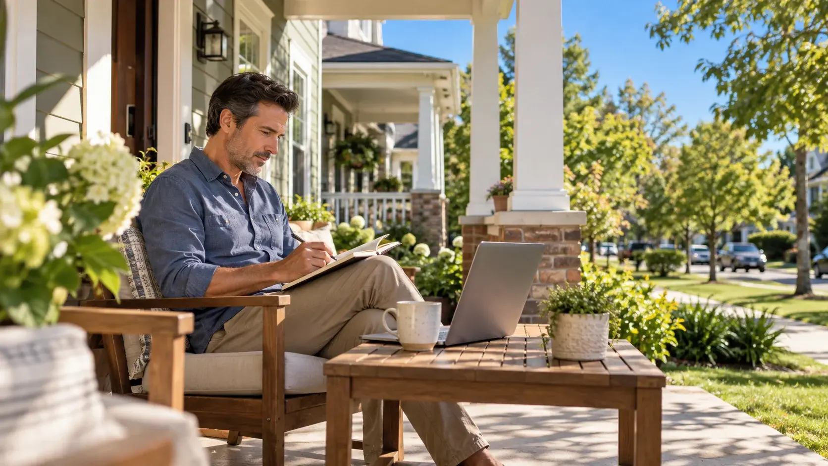 Rental owner reviewing a notebook beside a laptop on a sunny porch overlooking a leafy neighborhood