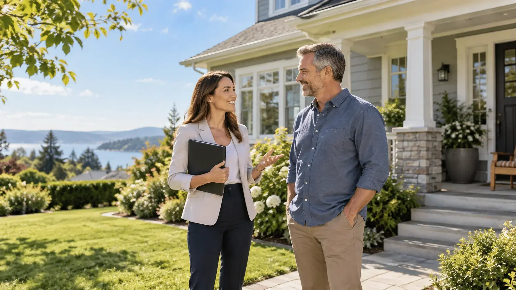 Owner and property manager discussing a rental outside a sunny house with a green lawn and blue sky