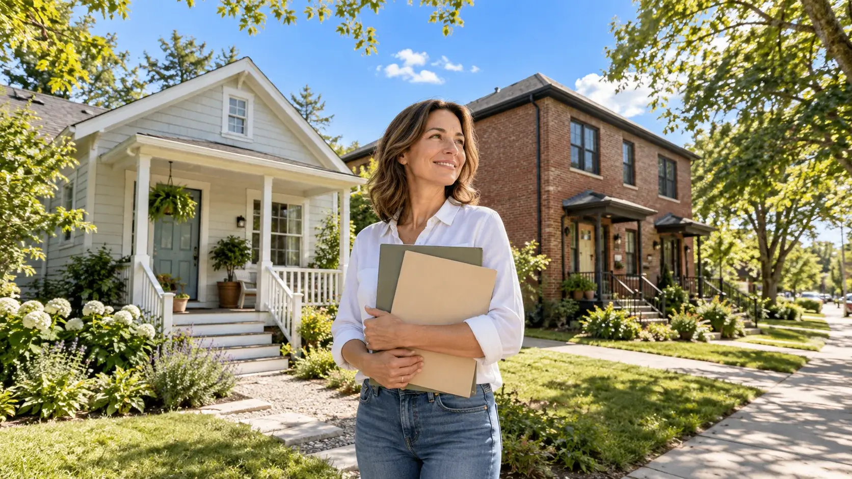 Rental owner holding separate folders outside a cottage and brick duplex on a sunny street