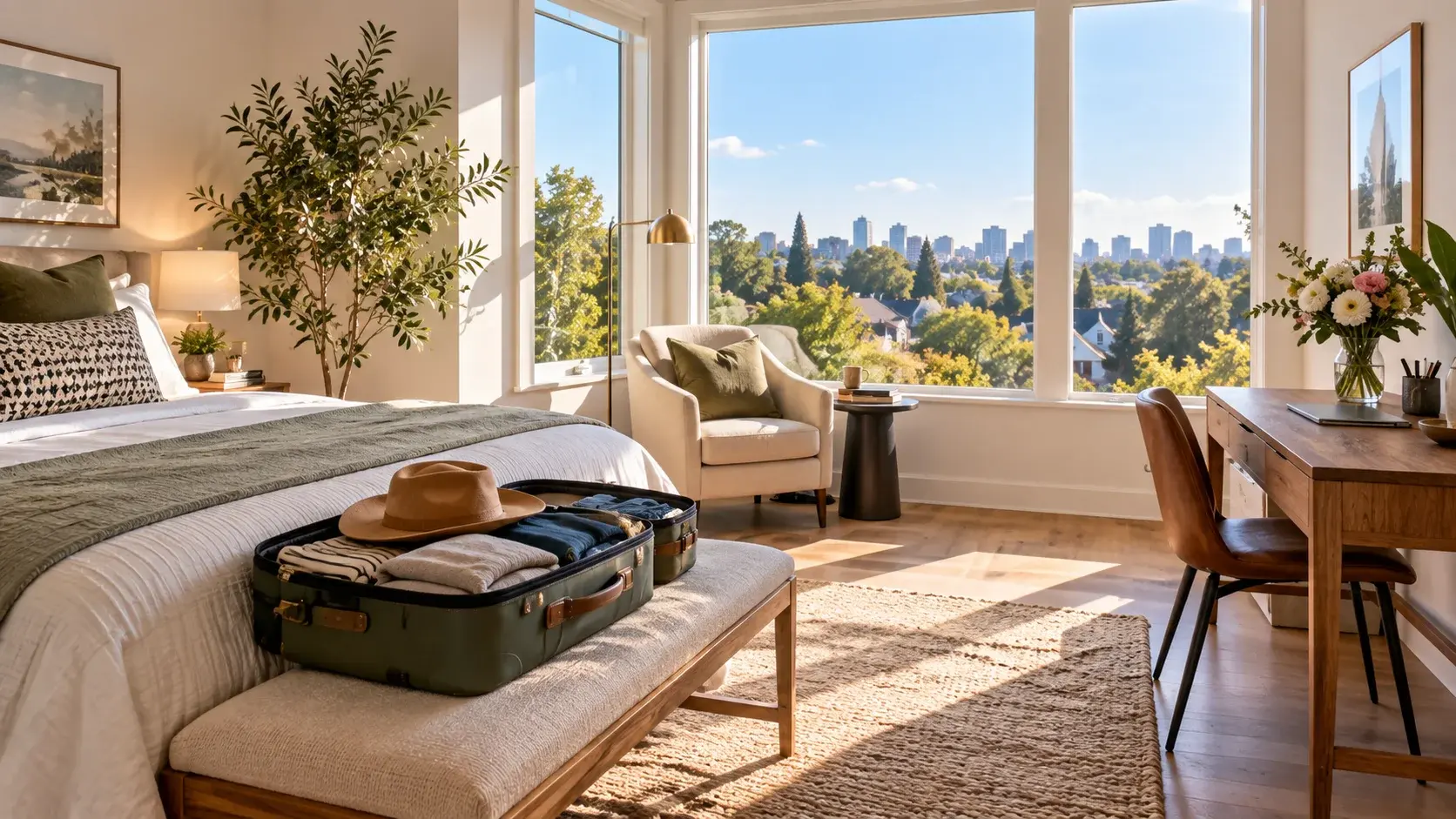 Furnished rental bedroom with a work desk and open suitcase, overlooking a leafy neighborhood in sunlight