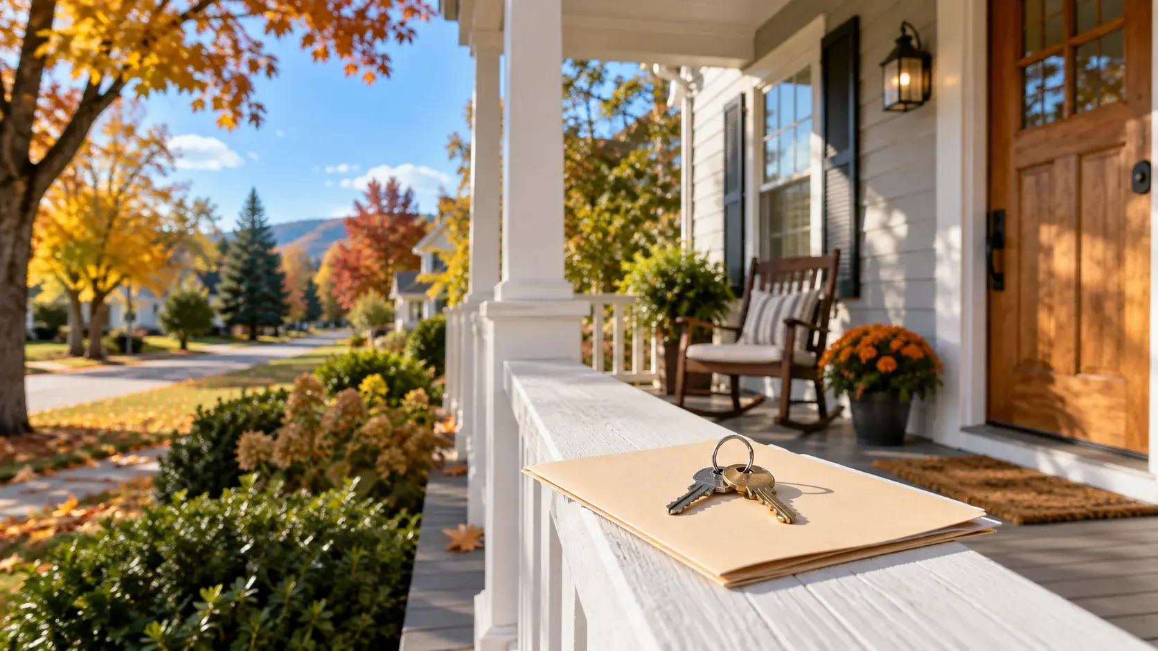 New house keys on a folder along a rental porch railing, with golden autumn leaves and a clear blue sky