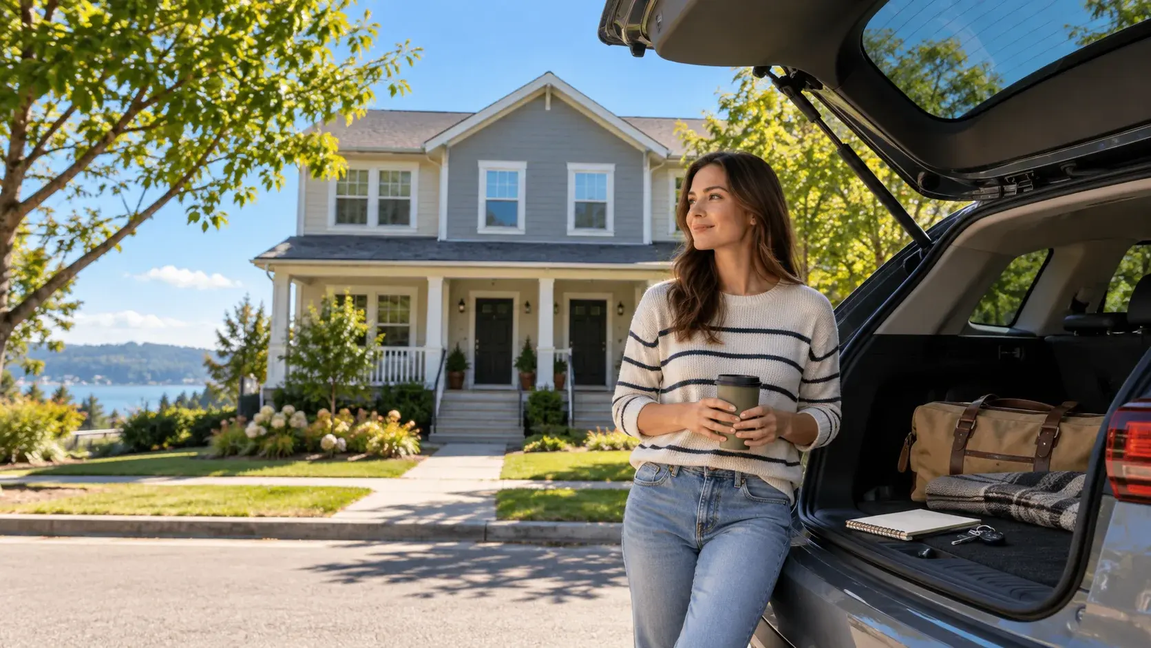 Rental owner beside an open car trunk containing a notebook and keys outside a sunny rental house