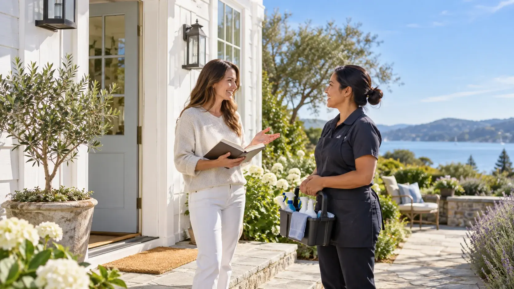 Rental owner with a notebook talking to a cleaner with a cleaning caddy outside a sunny cottage