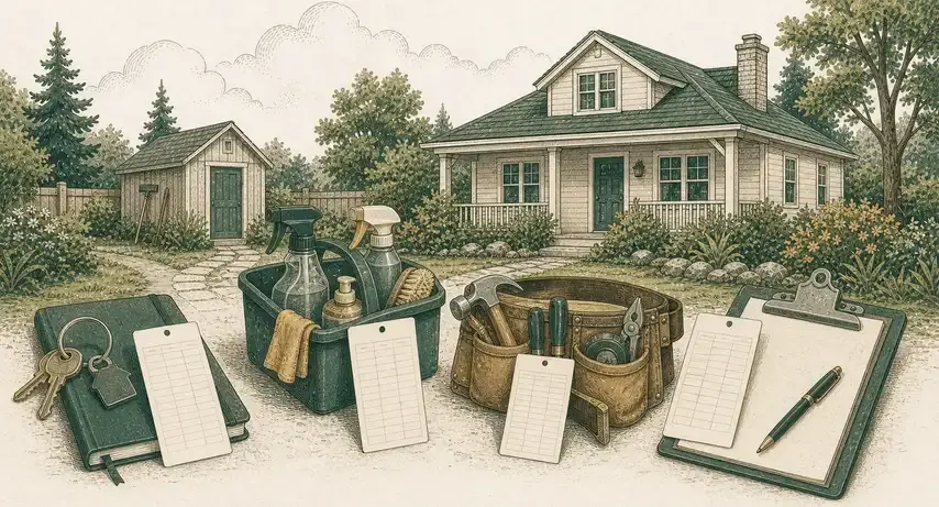 Illustrated rental house with separate work cards beside cleaning supplies, repair tools, keys, and a blank notebook