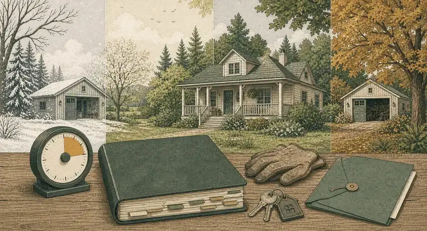 Illustrated rental house across four seasons with a thick work ledger, clock, keys, gloves, and property folder
