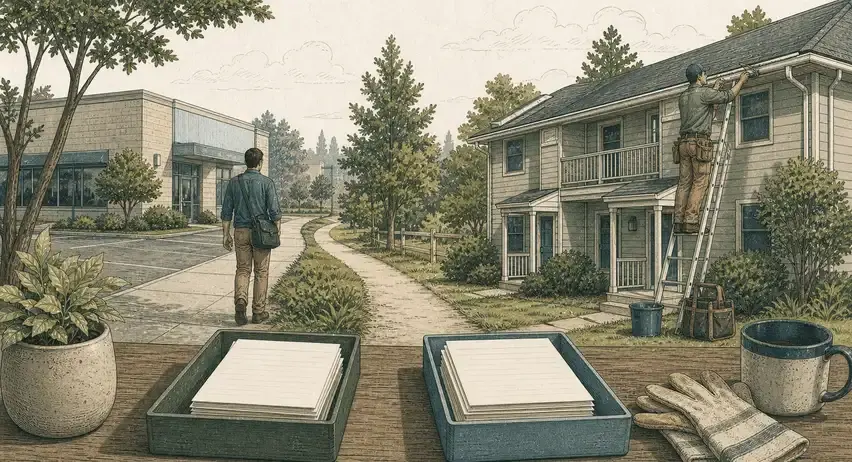 Illustrated outside workplace and rental repair scene with two separate trays of work records in the foreground