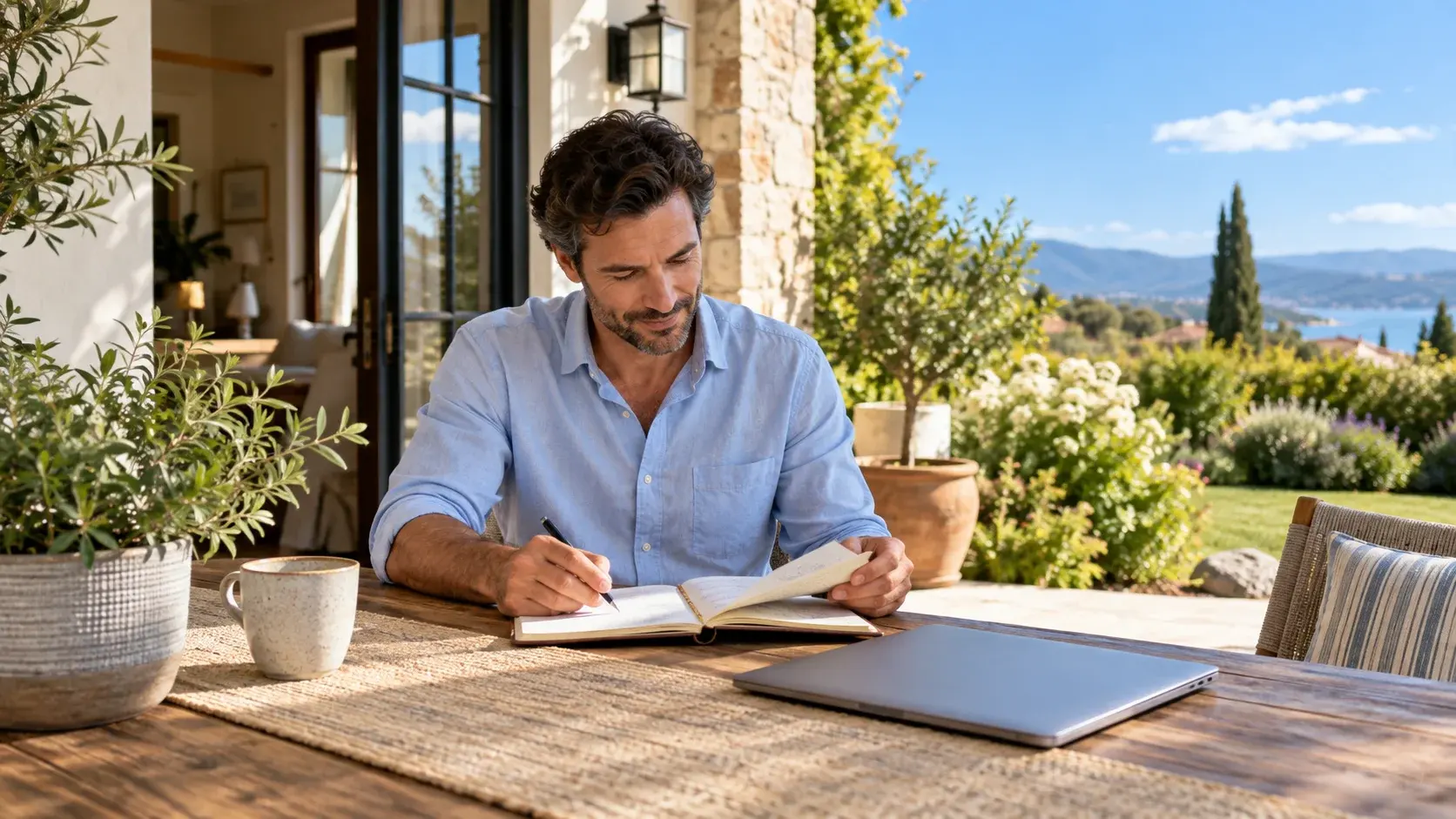 Rental owner writing in a notebook beside a closed laptop on a sunlit garden terrace