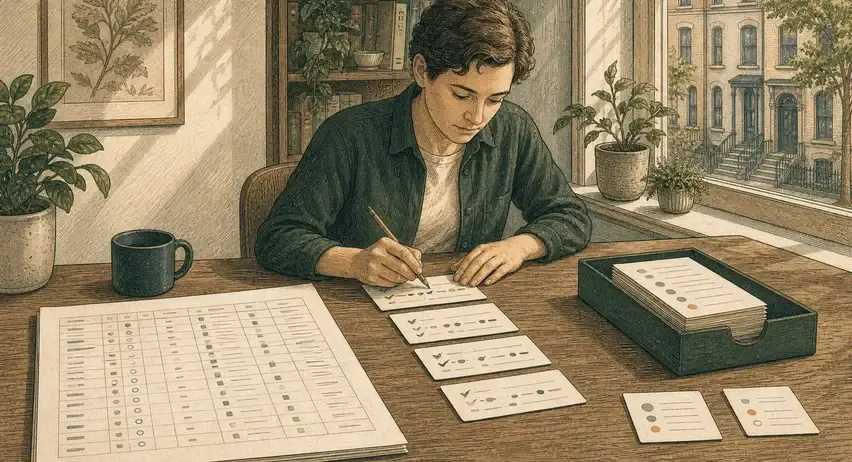 A field-guide illustration of rental spreadsheet rows being checked and moved into an organized record tray