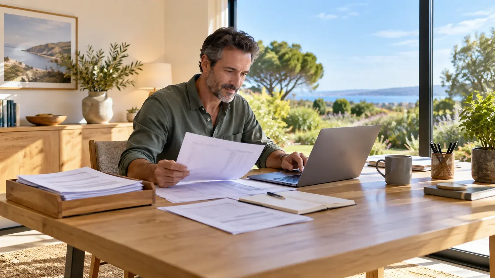 Rental owner comparing printed records with a laptop at a sunlit desk overlooking a garden