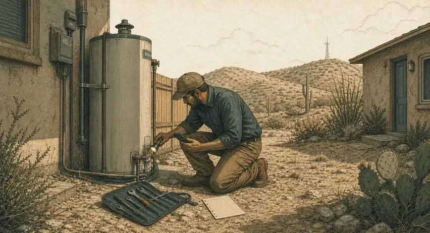 A field-guide illustration of an owner recording water-heater work at a remote rental property beyond reliable cellular coverage