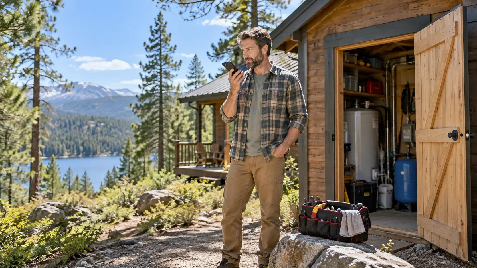 Rental owner using a smartphone beside a remote cabin utility shed beneath a clear blue sky