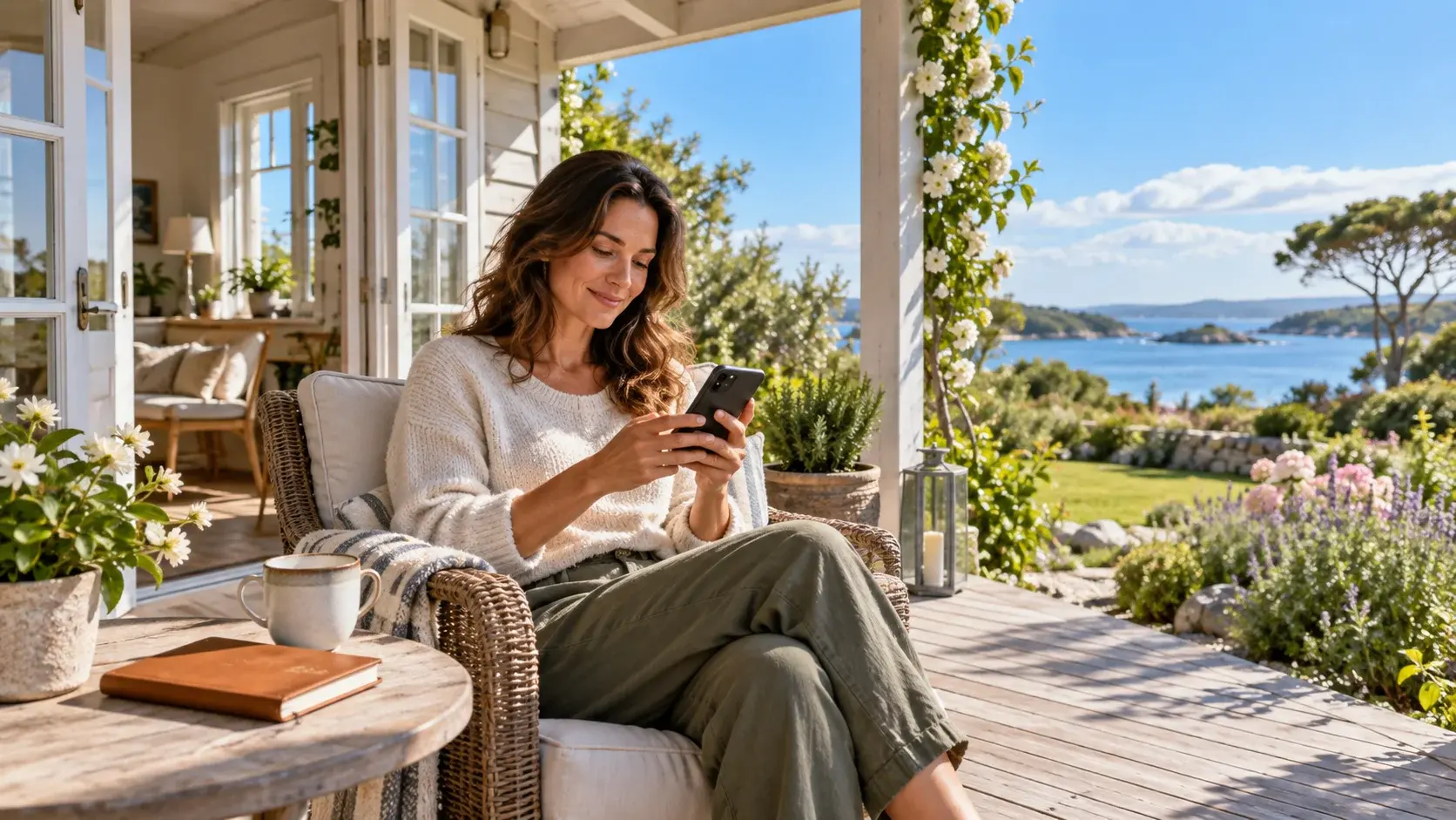 Rental host reading a smartphone on a sunny cottage veranda overlooking a garden and blue water