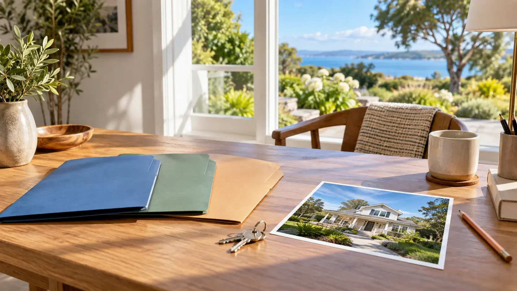 Separate property folders, house photograph and keys on a sunlit wooden desk