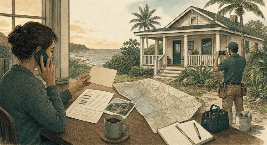A field-guide illustration of a remote owner coordinating with a contractor and recording work for a distant coastal rental
