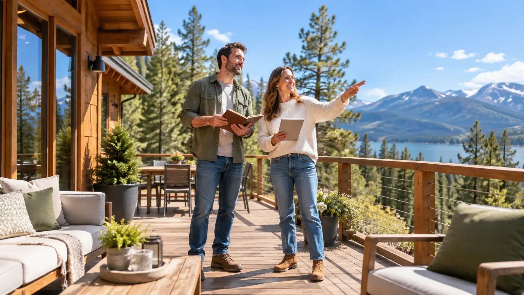 Two co-owners holding separate notebooks while inspecting a rental cabin deck beneath a clear blue sky