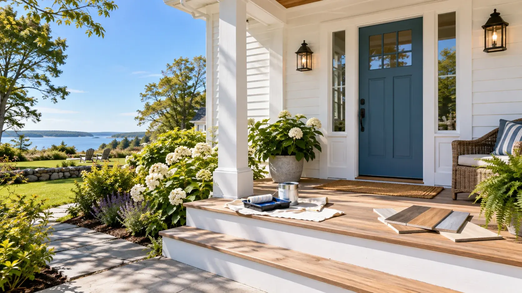 Paint supplies and flooring samples on the sunny porch of a renovated cottage with a blue front door