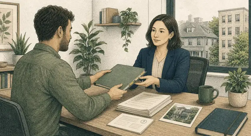 A rental owner hands an organized property work folder to a CPA across a clear desk