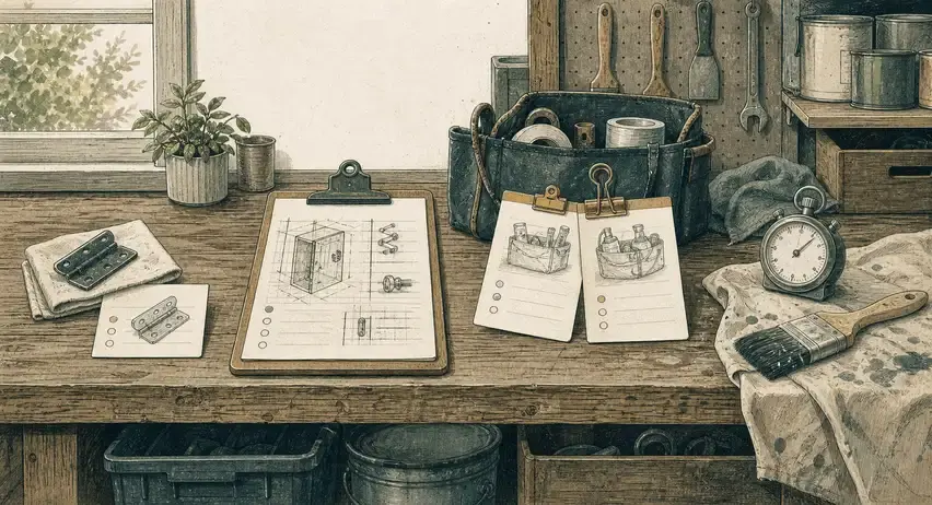 A maintenance bench with a quick card, detailed clipboard, repeated task cards, and stopwatch