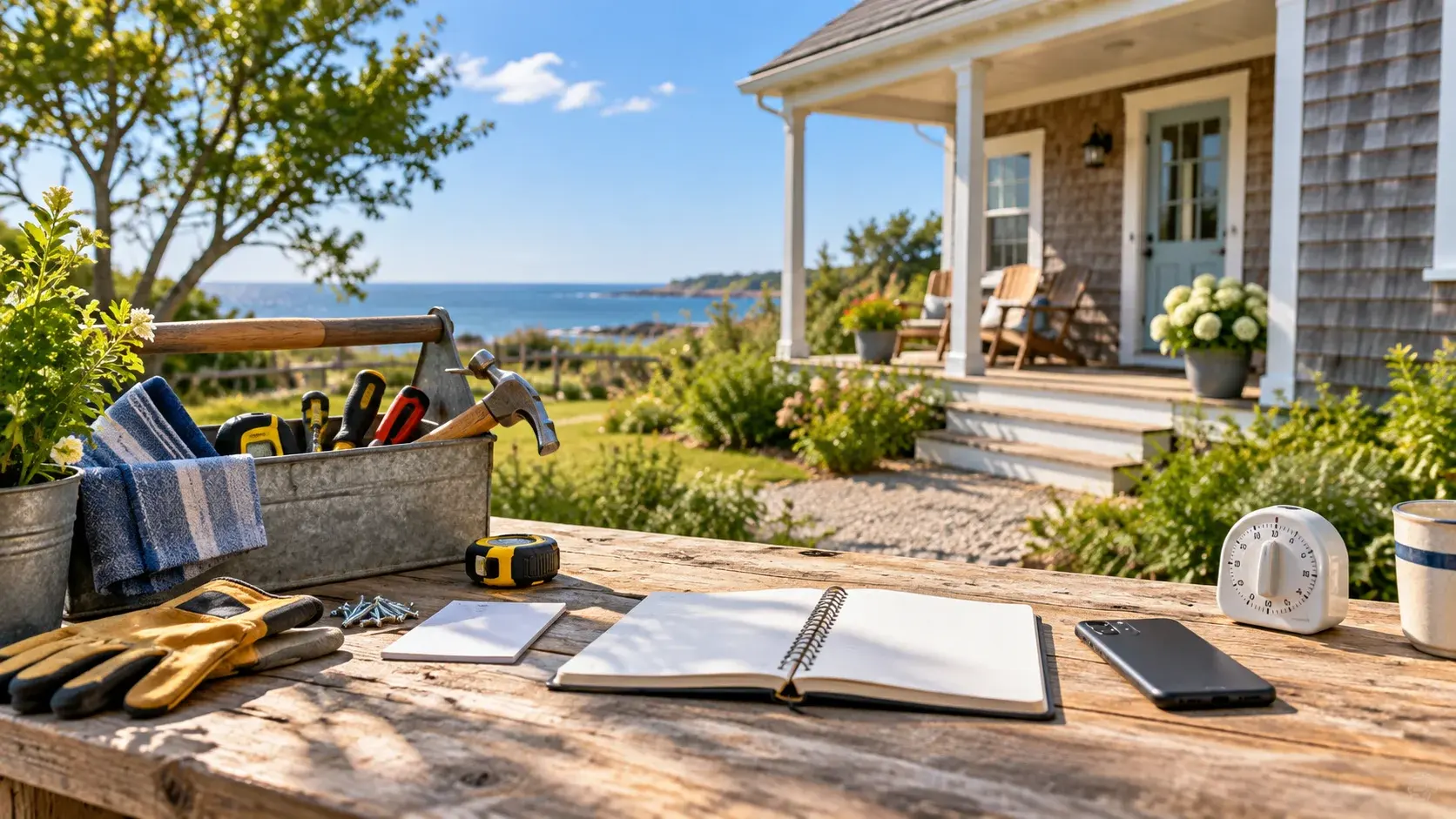 Notecard, notebook, smartphone and timer on a sunny maintenance bench beside a rental cottage