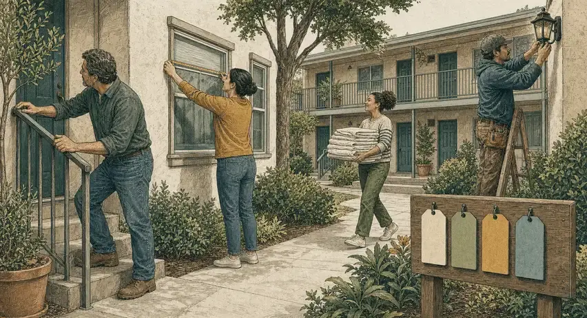 An owner, spouse, cleaner, and contractor perform separate tasks around a small rental courtyard