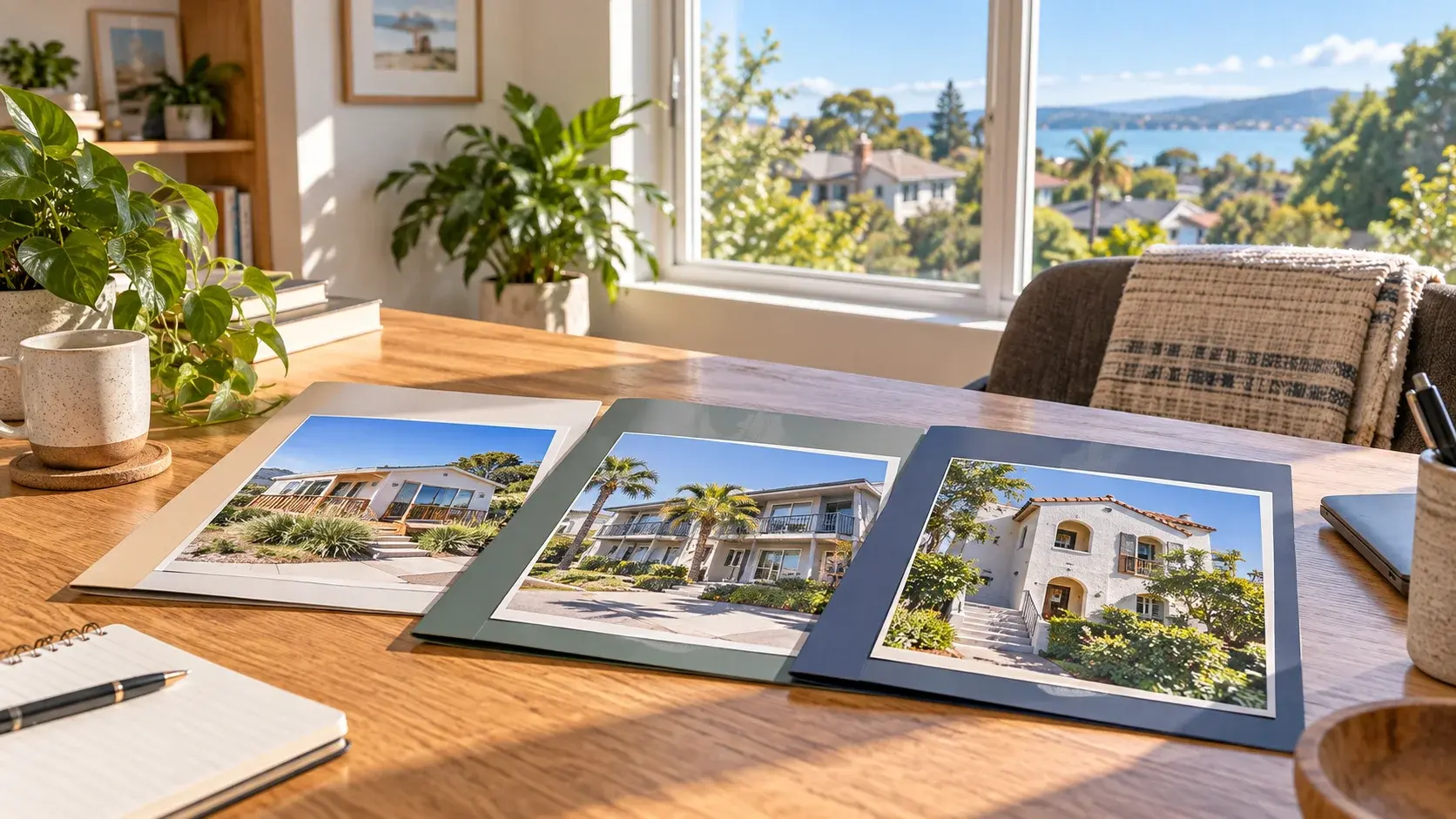 Separate folders and photographs of rental buildings arranged on a desk beside a sunny window