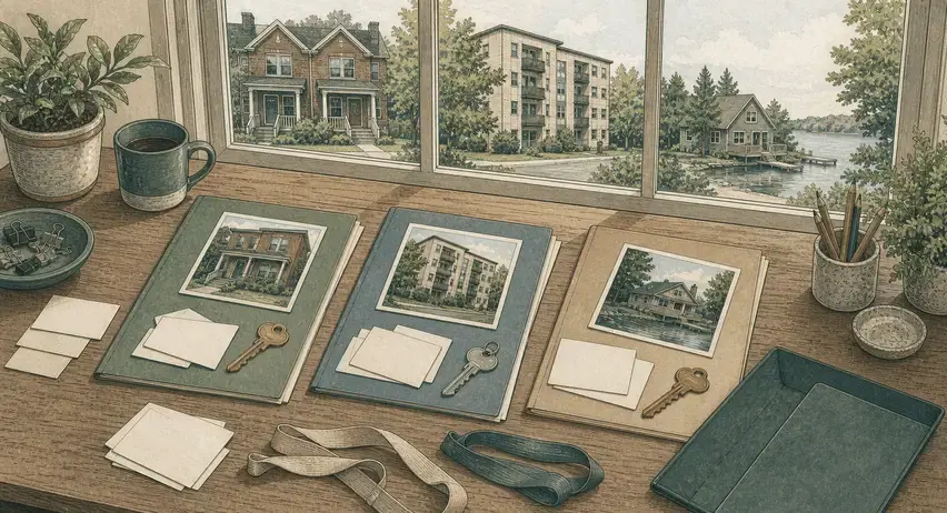 Illustrated desk with three separate property folders, photos, keys, and three different rental buildings beyond the window