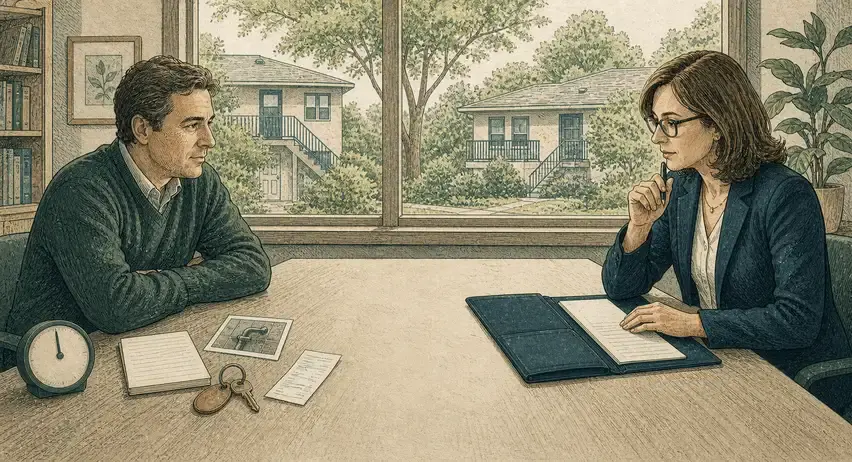 Illustrated owner and adviser reviewing rental-work facts across a clear table with a clock, keys, repair photo, and folder