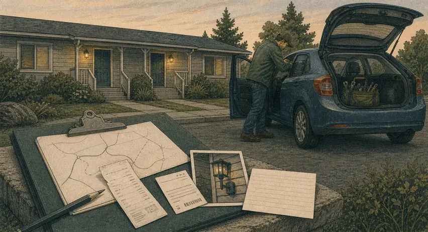 Illustrated rental duplex, parked car, tool bag, and clipboard holding a route sketch, receipt, and repair photo