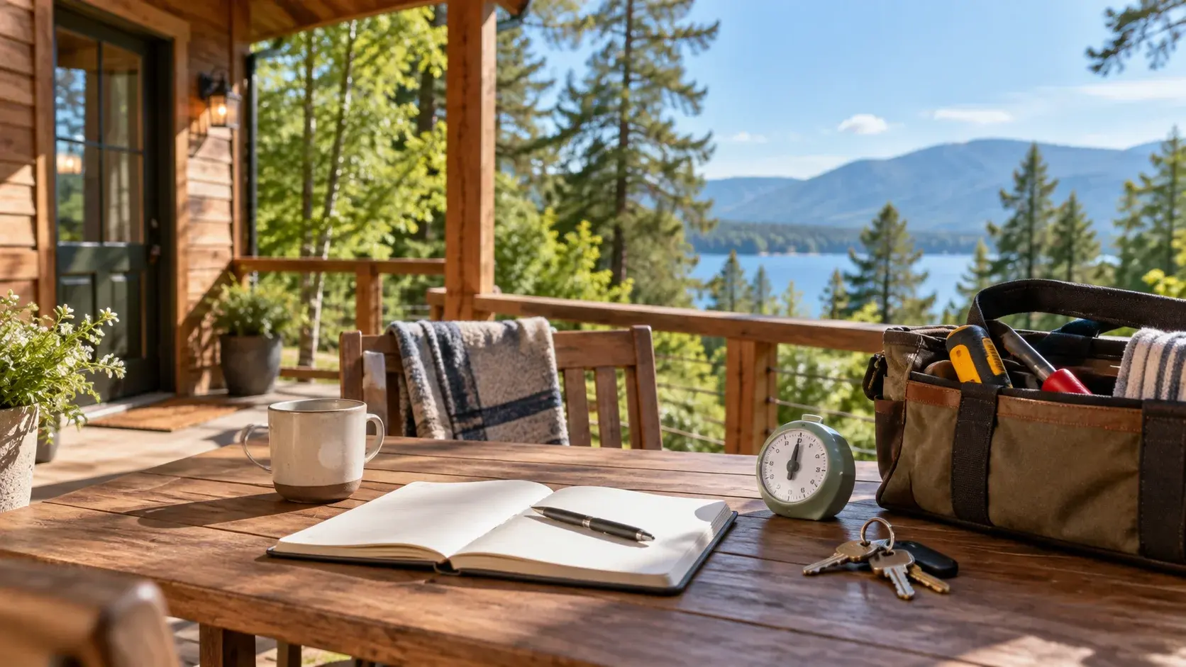 Notebook, timer, keys and tool bag on a sunny cabin porch overlooking green trees and a blue lake