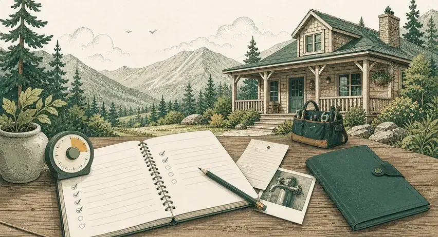 An illustrated rental cabin with a work notebook, timer, repair photo, receipt, tools, and organized folder