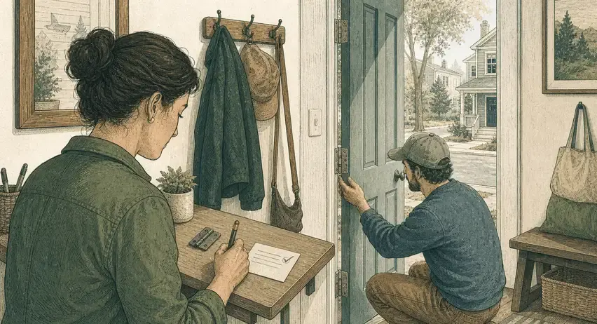 An owner writes a short work note while another person checks a repaired door hinge