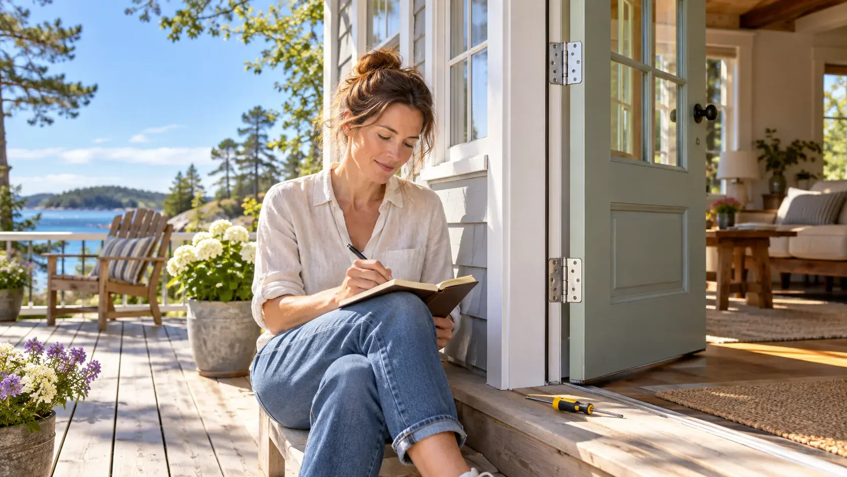 Rental owner writing a note beside an open cottage door and repair tools in natural sunlight