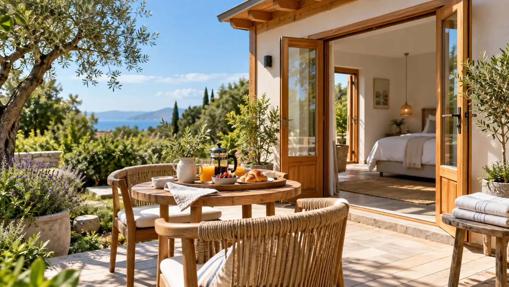 Breakfast tray and folded linen on a sunny guesthouse terrace with open doors and a garden view