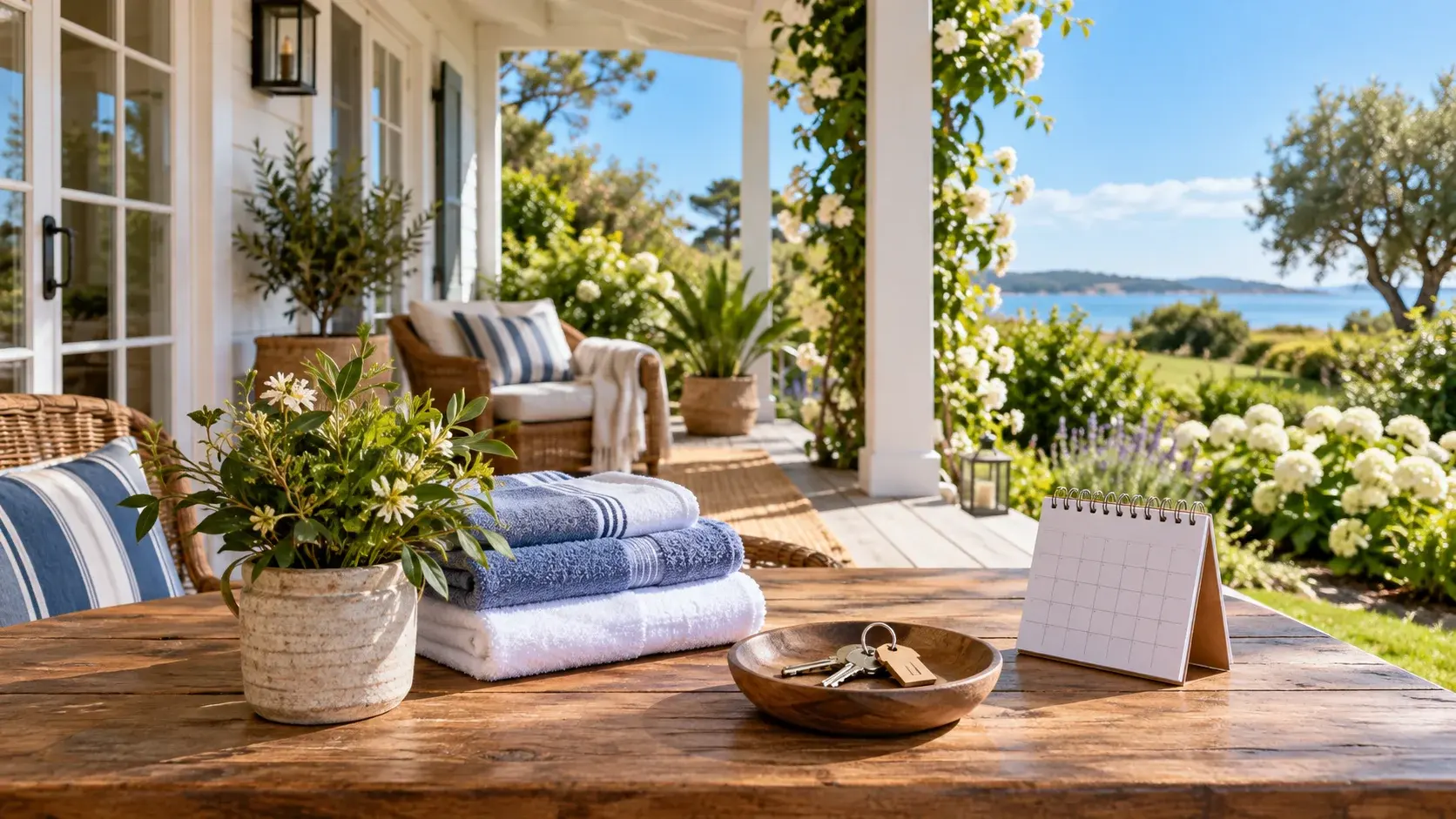 Guest keys, folded towels and a small calendar on a sunny rental cottage porch