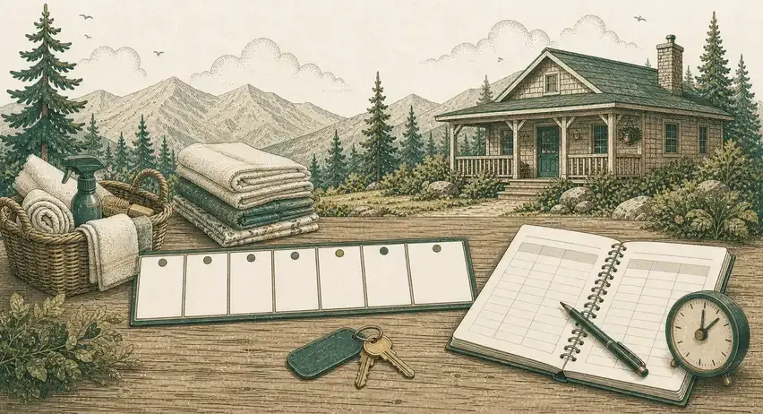 Illustrated short-term rental cabin with a seven-card stay sequence, guest keys, calendar tiles, and turnover supplies